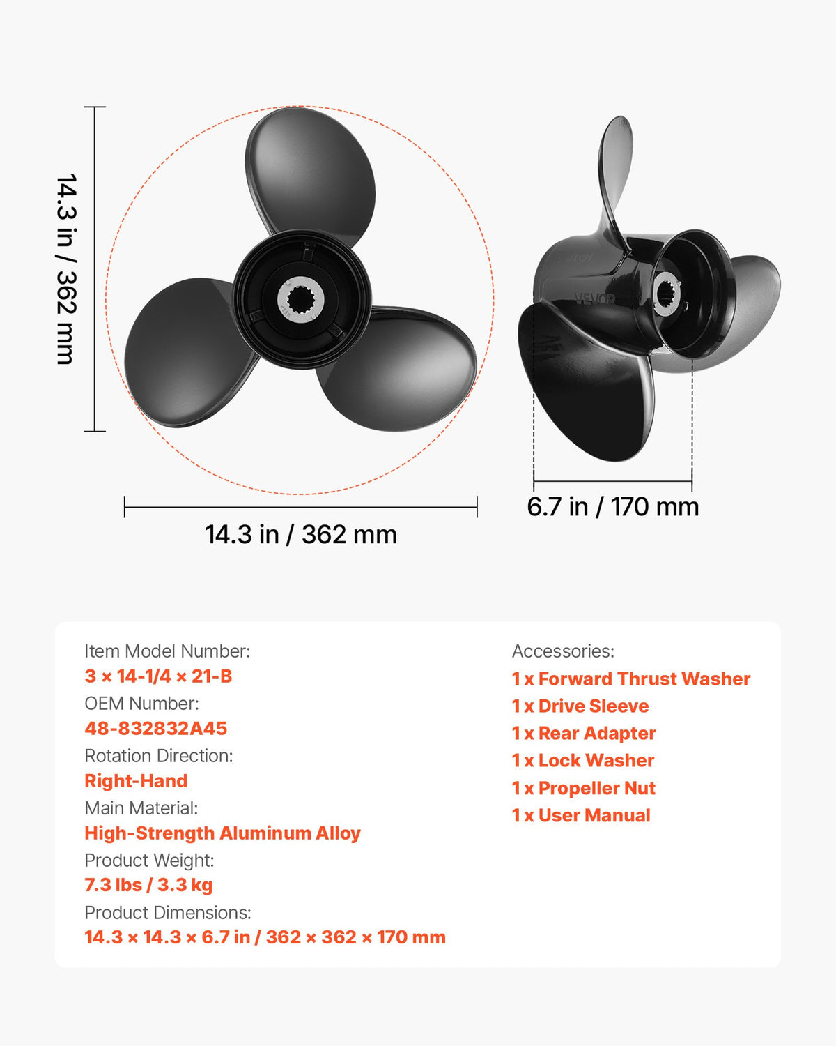 VEVOR Outboard Propeller, Upgrade OEM 15 Spline Tooth Aluminum Outboard Boat Propeller Fit Mercury/Mariner Engines 90-400 HP, 4-3/4" Gearcase, 3-Blade, RH (Right Hand Rotation), OEM No. 48-832832A45 - CLXJSXSS9040ZZQC5001V0 - view 8