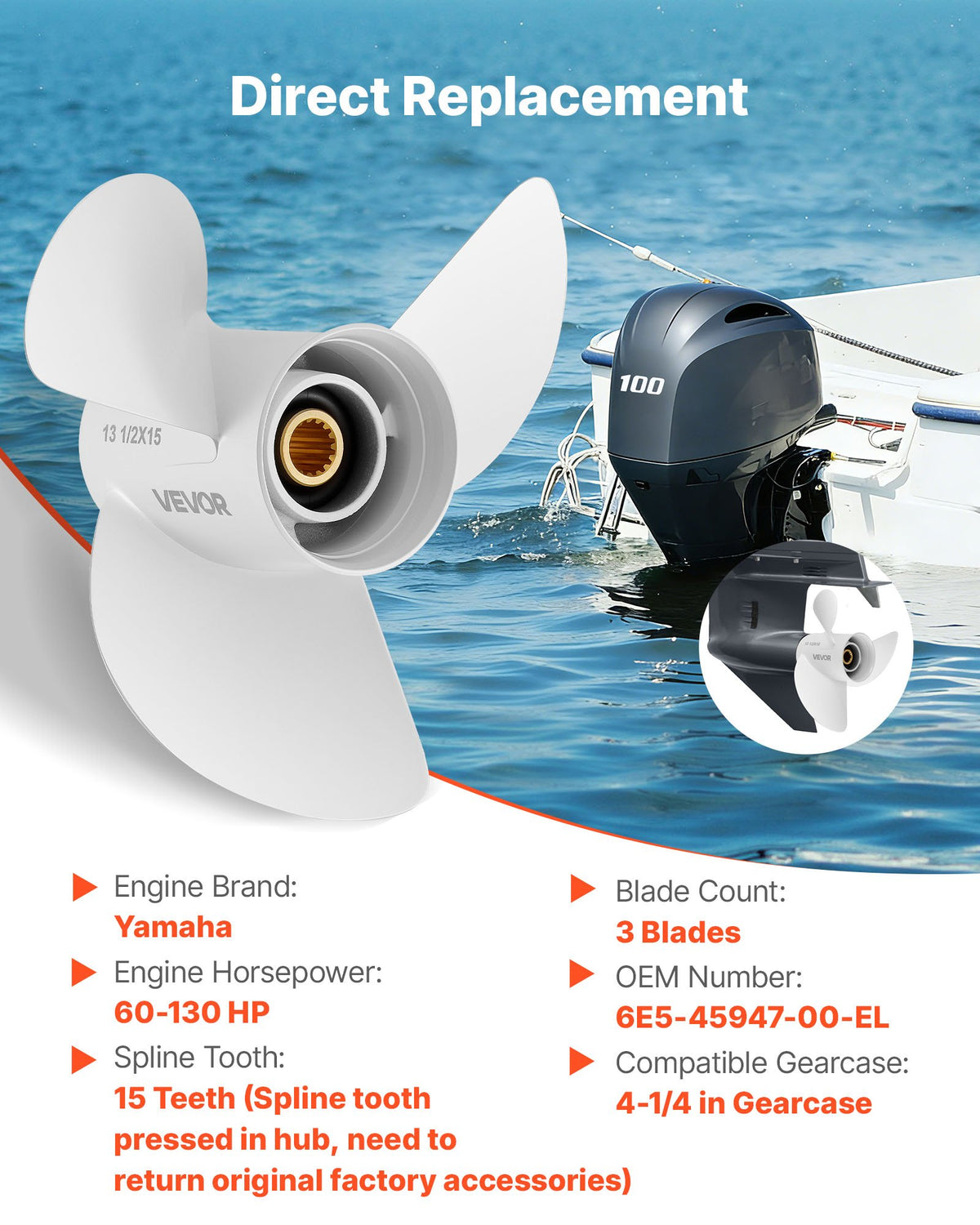VEVOR Outboard Propeller, Upgrade OEM 15 Spline Tooth Aluminum Outboard Boat Propeller Fit Yamaha Engines 60-130 HP, 4-1/4" Gearcase, 3-Blade, RH (Right Hand Rotation), OEM Parts No. 6E5-45947-00-EL - CLXJYMH601300Q0E9001V0 - view 3