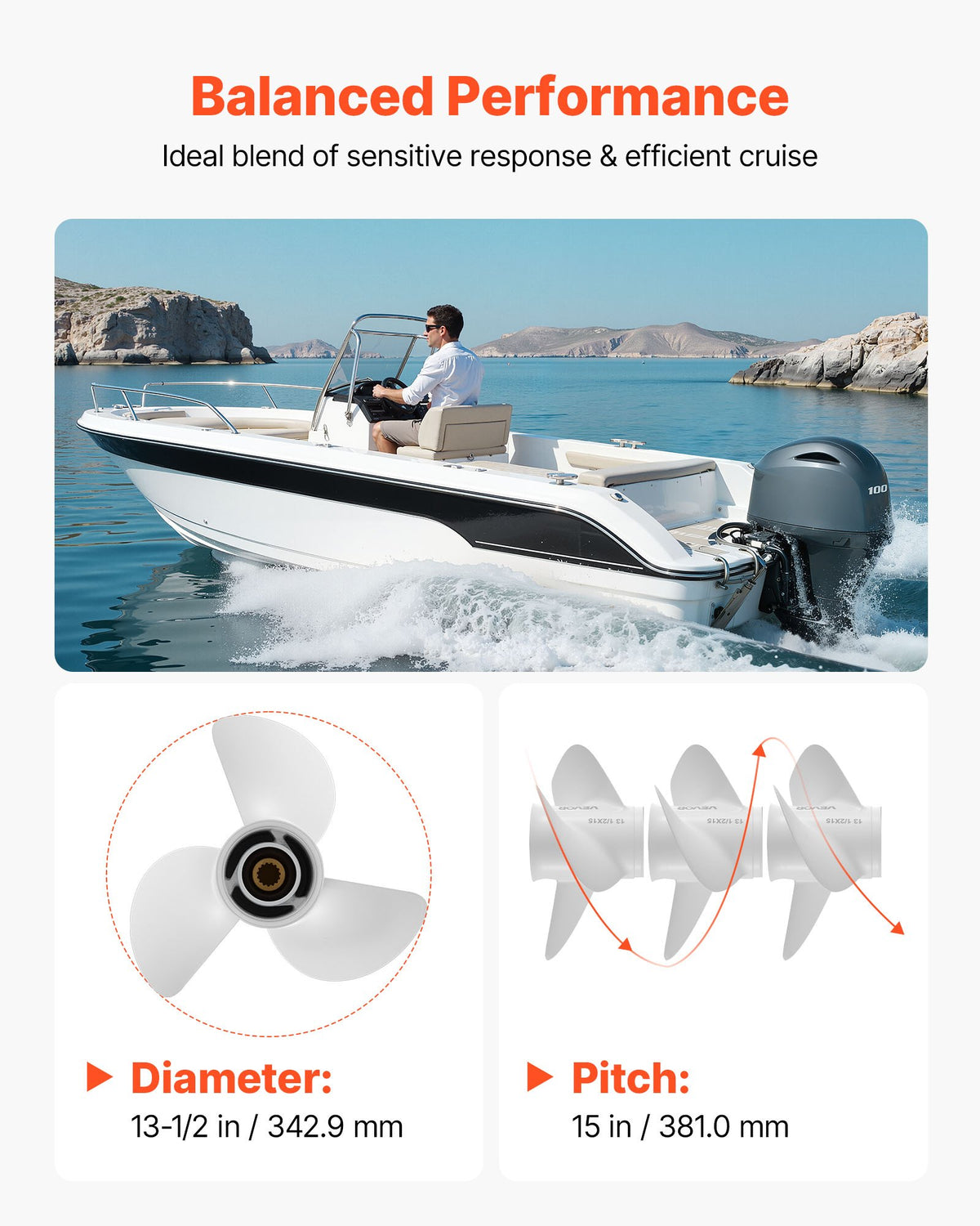 VEVOR Outboard Propeller, Upgrade OEM 15 Spline Tooth Aluminum Outboard Boat Propeller Fit Yamaha Engines 60-130 HP, 4-1/4" Gearcase, 3-Blade, RH (Right Hand Rotation), OEM Parts No. 6E5-45947-00-EL - CLXJYMH601300Q0E9001V0 - view 6