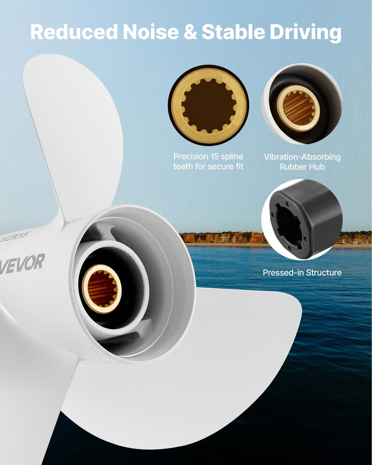 VEVOR Outboard Propeller, Upgrade OEM 15 Spline Tooth Aluminum Outboard Boat Propeller Fit Yamaha Engines 60-130 HP, 4-1/4" Gearcase, 3-Blade, RH (Right Hand Rotation), OEM Parts No. 6E5-45947-00-EL - CLXJYMH601300Q0E9001V0 - view 7
