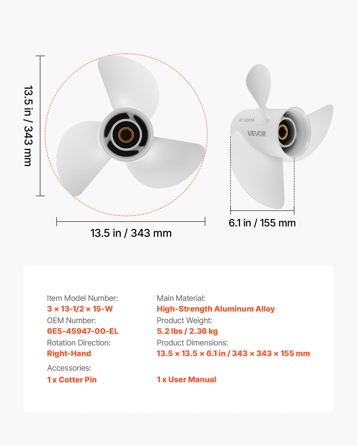 VEVOR Outboard Propeller, Upgrade OEM 15 Spline Tooth Aluminum Outboard Boat Propeller Fit Yamaha Engines 60-130 HP, 4-1/4" Gearcase, 3-Blade, RH (Right Hand Rotation), OEM Parts No. 6E5-45947-00-EL - CLXJYMH601300Q0E9001V0 - view 8