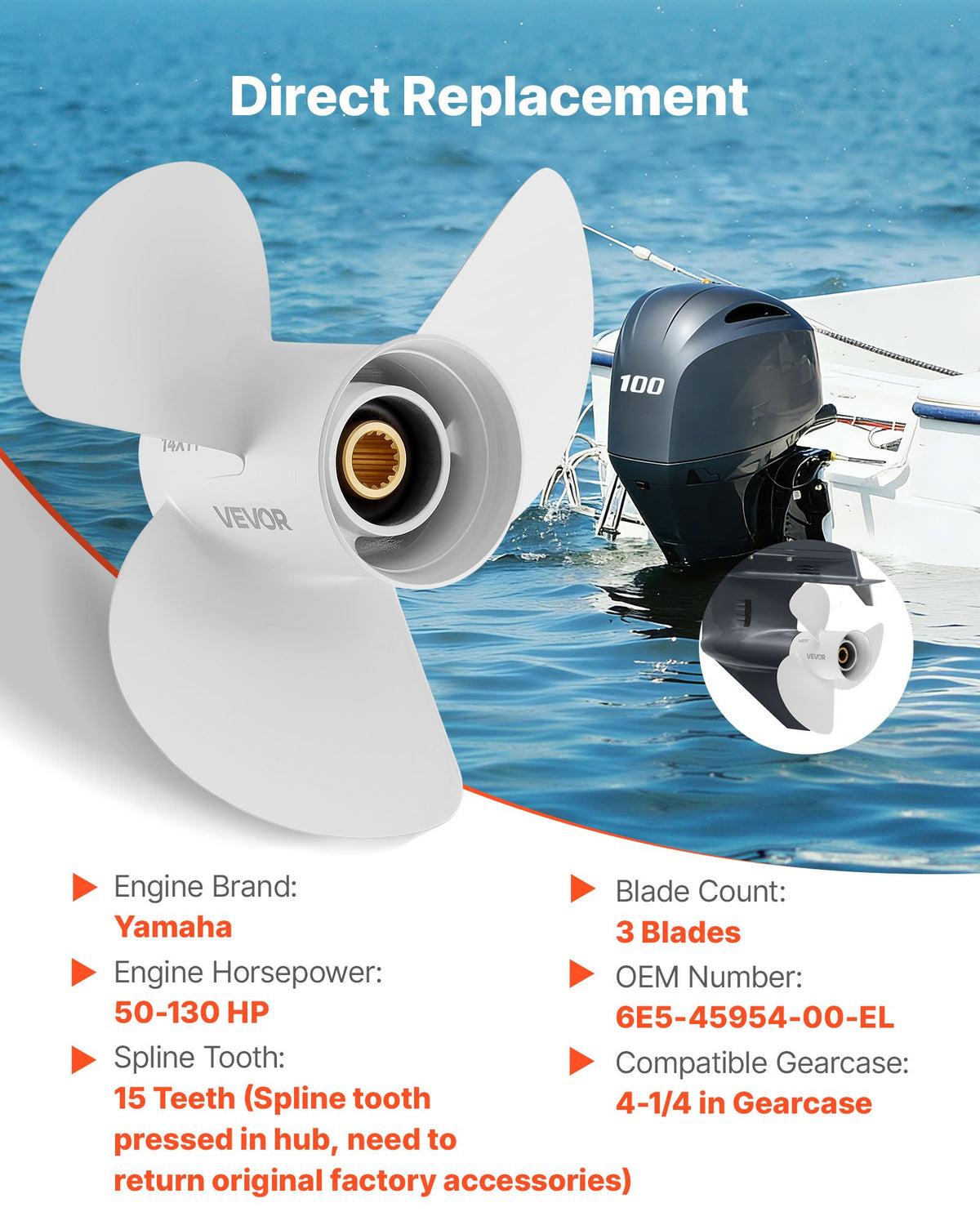 VEVOR Outboard Propeller, Upgrade OEM 15 Spline Tooth Aluminum Outboard Boat Propeller Fit Yamaha Engines 50-130 HP, 4-1/4" Gearcase, 3-Blade, RH (Right Hand Rotation), OEM Parts No. 6E5-45954-00-EL - CLXJYMH6013069FXK001V0 - view 3