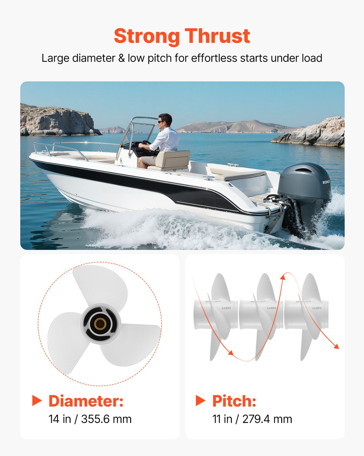 VEVOR Outboard Propeller, Upgrade OEM 15 Spline Tooth Aluminum Outboard Boat Propeller Fit Yamaha Engines 50-130 HP, 4-1/4" Gearcase, 3-Blade, RH (Right Hand Rotation), OEM Parts No. 6E5-45954-00-EL - CLXJYMH6013069FXK001V0 - view 6