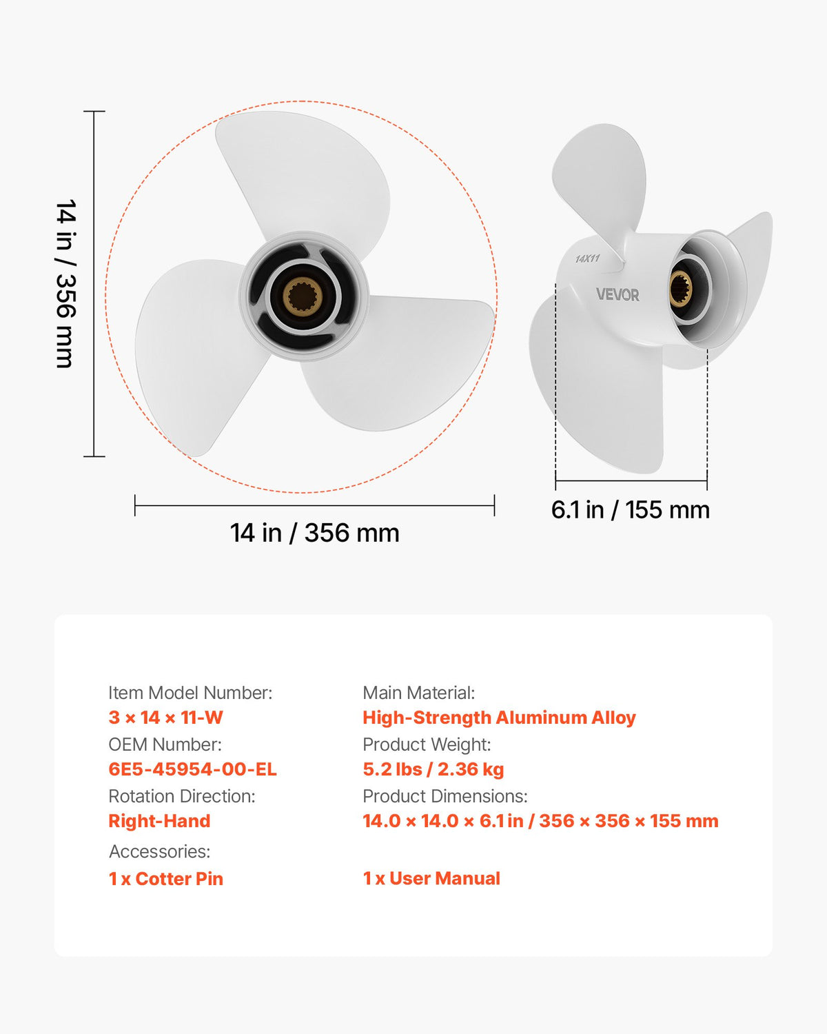 VEVOR Outboard Propeller, Upgrade OEM 15 Spline Tooth Aluminum Outboard Boat Propeller Fit Yamaha Engines 50-130 HP, 4-1/4" Gearcase, 3-Blade, RH (Right Hand Rotation), OEM Parts No. 6E5-45954-00-EL - CLXJYMH6013069FXK001V0 - view 8