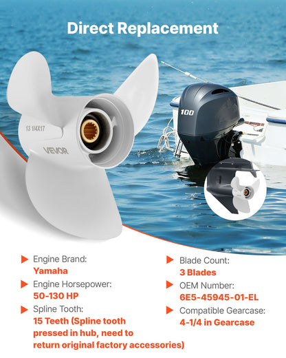 VEVOR Outboard Propeller, Upgrade OEM 15 Spline Tooth Aluminum Outboard Boat Propeller Fit Yamaha Engines 50-130 HP, 4-1/4" Gearcase, 3-Blade, RH (Right Hand Rotation), OEM Parts No. 6E5-45945-01-EL - CLXJYMH60130OV19G001V0 - view 3
