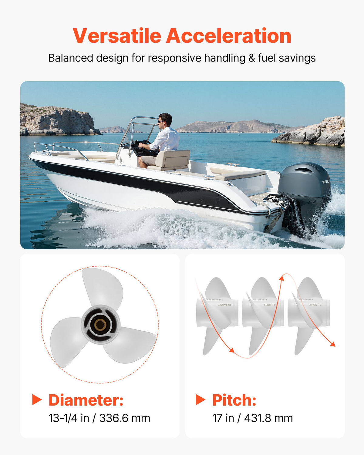 VEVOR Outboard Propeller, Upgrade OEM 15 Spline Tooth Aluminum Outboard Boat Propeller Fit Yamaha Engines 50-130 HP, 4-1/4" Gearcase, 3-Blade, RH (Right Hand Rotation), OEM Parts No. 6E5-45945-01-EL - CLXJYMH60130OV19G001V0 - view 6