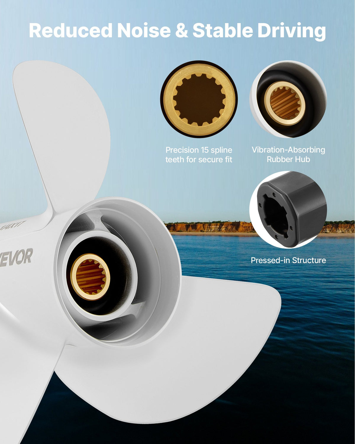 VEVOR Outboard Propeller, Upgrade OEM 15 Spline Tooth Aluminum Outboard Boat Propeller Fit Yamaha Engines 50-130 HP, 4-1/4" Gearcase, 3-Blade, RH (Right Hand Rotation), OEM Parts No. 6E5-45945-01-EL - CLXJYMH60130OV19G001V0 - view 7