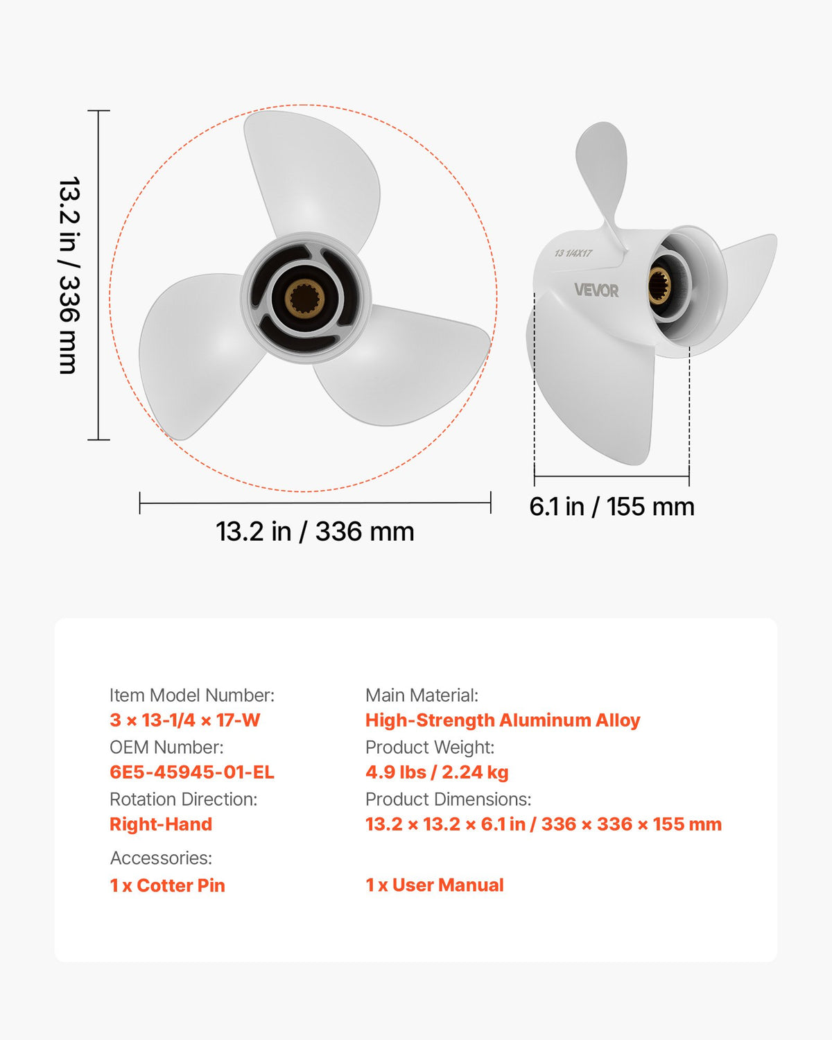 VEVOR Outboard Propeller, Upgrade OEM 15 Spline Tooth Aluminum Outboard Boat Propeller Fit Yamaha Engines 50-130 HP, 4-1/4" Gearcase, 3-Blade, RH (Right Hand Rotation), OEM Parts No. 6E5-45945-01-EL - CLXJYMH60130OV19G001V0 - view 8