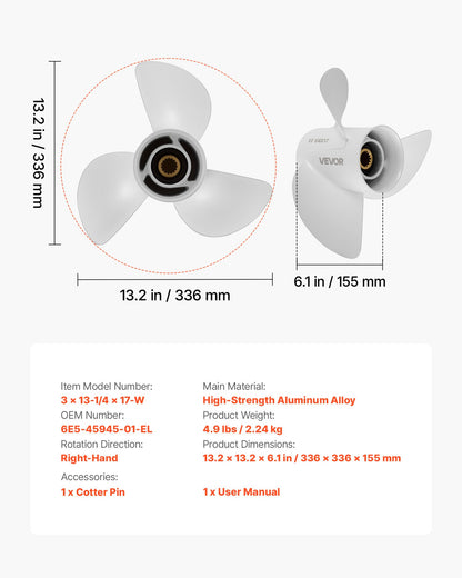 VEVOR Outboard Propeller, Upgrade OEM 15 Spline Tooth Aluminum Outboard Boat Propeller Fit Yamaha Engines 50-130 HP, 4-1/4" Gearcase, 3-Blade, RH (Right Hand Rotation), OEM Parts No. 6E5-45945-01-EL - CLXJYMH60130OV19G001V0 - view 8