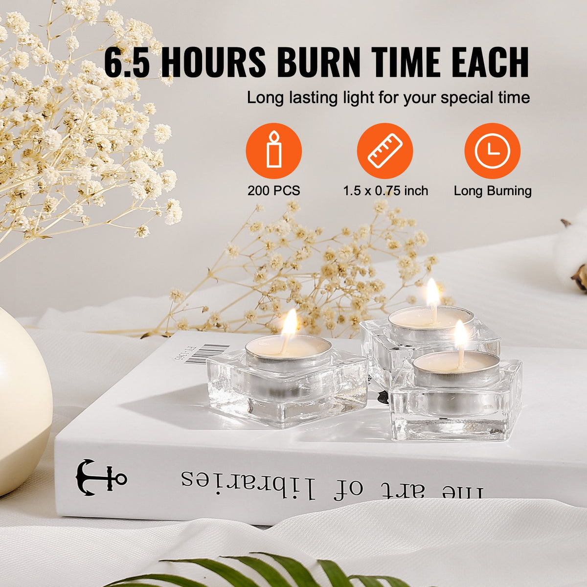 VEVOR 200 Pack Unscented Tea Lights Candles 6.5 Hours Long Burning Smokeless Tealight Candles, Dripless with Aluminum Cups, Natural Palm Wax Votive Candles for Home, Weddings, Christmas, White - CLZ200GBS15IE36QIV0 - view 4