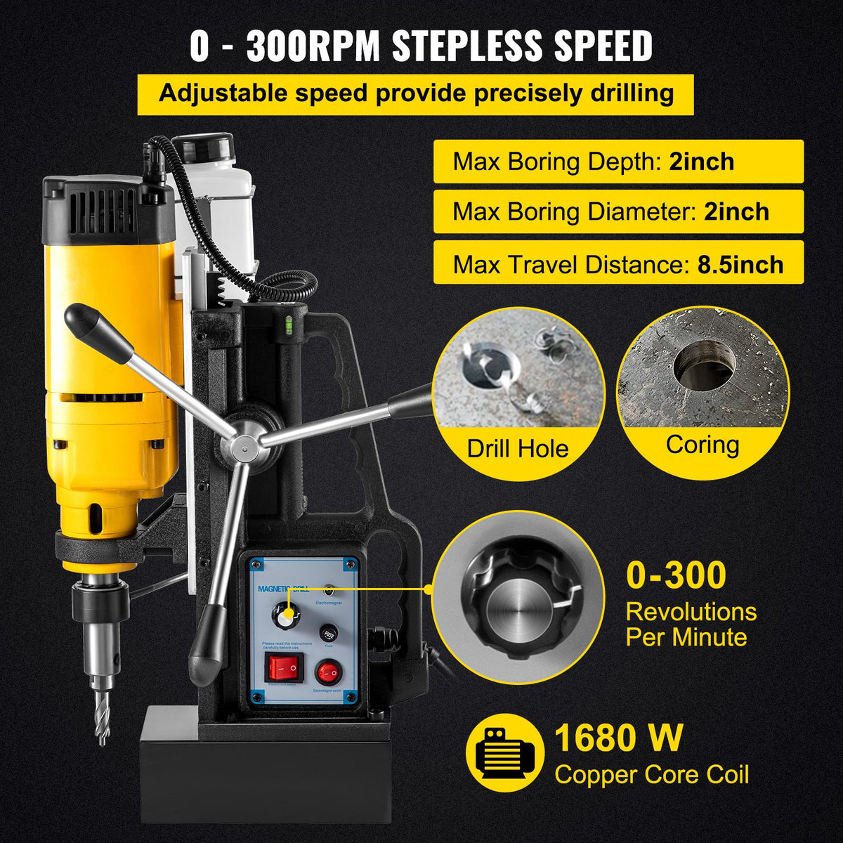 VEVOR Mag Drill, 0-300 RPM Stepless Speed Electromagnetic Drill Press, 2\" Depth 2\" Dia Magnetic Core Drill, 2922lbf Boring Tool Drill Press, 1680 Watts Drill Press, Yellow and Bl - CLZDS50MM110V8266V1 - view 3