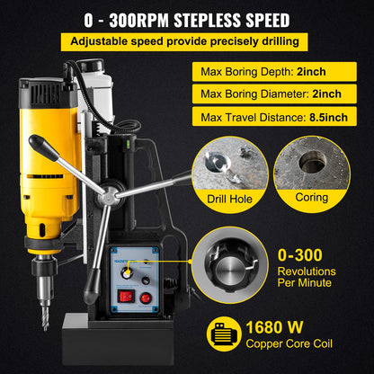 VEVOR Mag Drill, 0-300 RPM Stepless Speed Electromagnetic Drill Press, 2\" Depth 2\" Dia Magnetic Core Drill, 2922lbf Boring Tool Drill Press, 1680 Watts Drill Press, Yellow and Bl - CLZDS50MM110V8266V1 - view 3