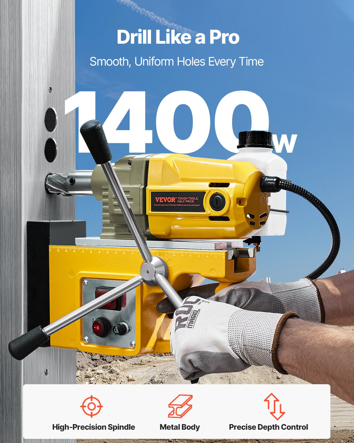 VEVOR Magnetic Drill, 1400W Motor 1.6 in Boring Diameter, 2810 lbf Portable Electric Mag Drill Press, with 11 Coring Bits, 800 RPM Speed, Drilling Machine for Metal Surface, Home Improvement Industry - CLZJP11J40MMIQMACV1 - view 3