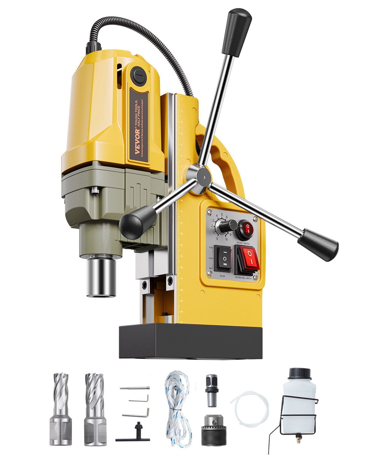 VEVOR Magnetic Drill, 1200W Motor 1.6 in Boring Diameter, 2810 lbf Electric Mag Drill Press, with 2 Coring Bits, Variable Speed, Drilling Machine for Metal Surface, Home Improvement Industry, Yellow - CLZJP2JT40MM4PKJVV1 - view 1