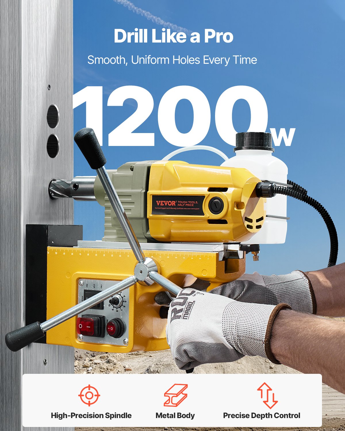 VEVOR Magnetic Drill, 1200W Motor 1.6 in Boring Diameter, 2810 lbf Electric Mag Drill Press, with 2 Coring Bits, Variable Speed, Drilling Machine for Metal Surface, Home Improvement Industry, Yellow - CLZJP2JT40MM4PKJVV1 - view 3