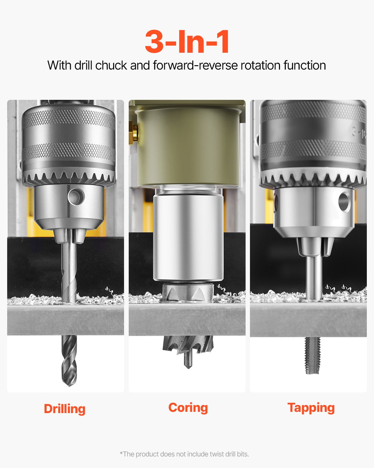VEVOR Magnetic Drill, 1200W Motor 1.6 in Boring Diameter, 2810 lbf Electric Mag Drill Press, with 2 Coring Bits, Variable Speed, Drilling Machine for Metal Surface, Home Improvement Industry, Yellow - CLZJP2JT40MM4PKJVV1 - view 4