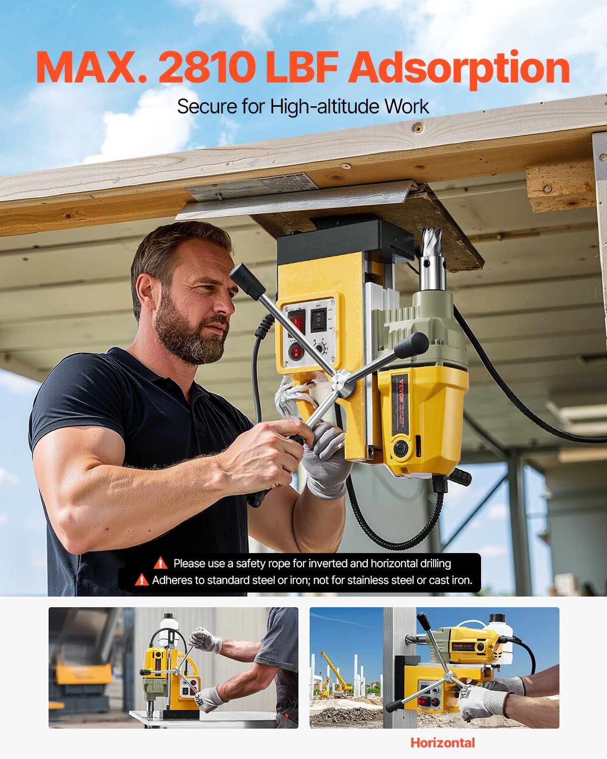 VEVOR Magnetic Drill, 1200W Motor 1.6 in Boring Diameter, 2810 lbf Electric Mag Drill Press, with 2 Coring Bits, Variable Speed, Drilling Machine for Metal Surface, Home Improvement Industry, Yellow - CLZJP2JT40MM4PKJVV1 - view 7