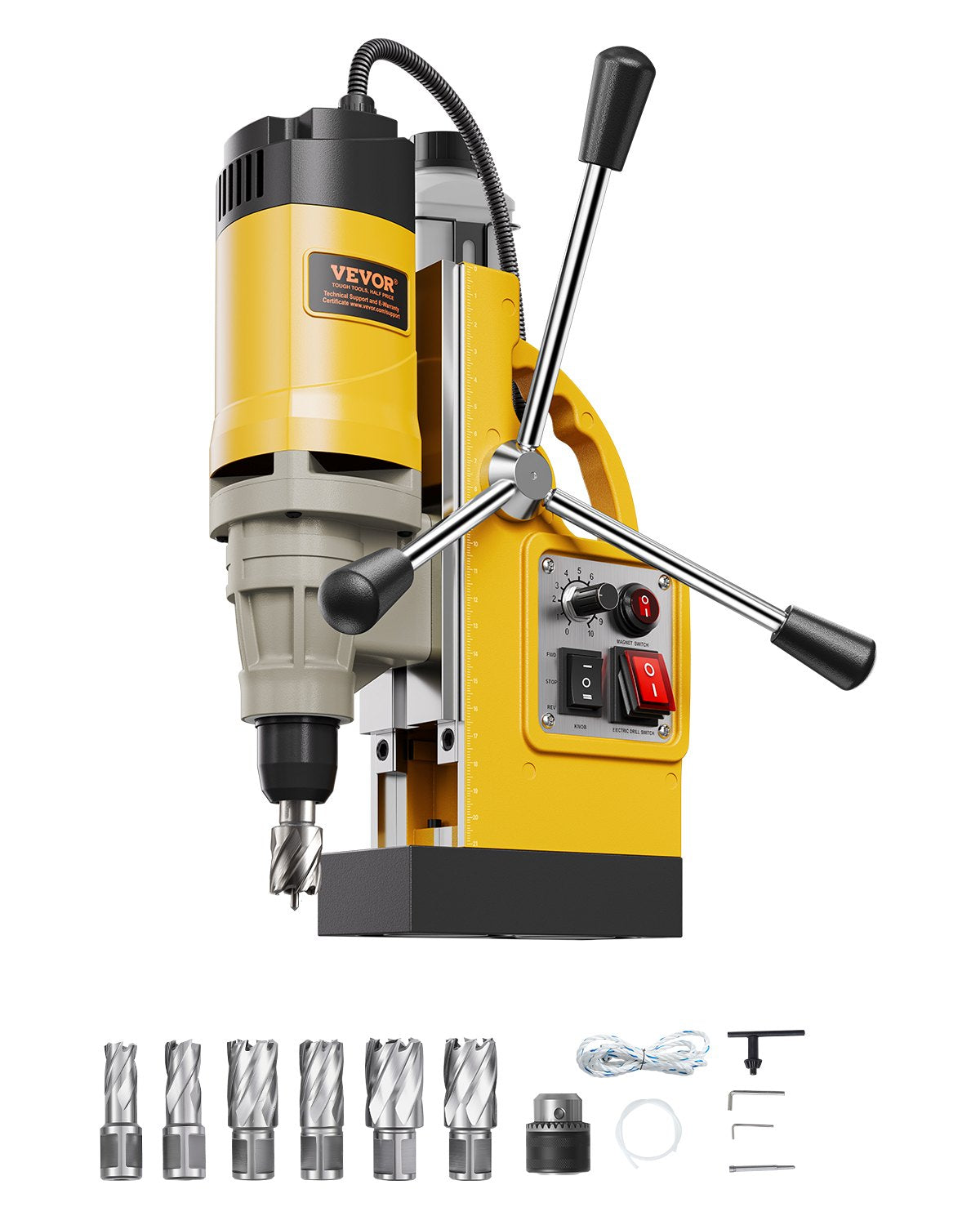 VEVOR Magnetic Drill, 1450W Motor 2 in Boring Diameter, 2878 lbf Electric Mag Drill Press, with 6 Coring Bits, Variable Speed, Drilling Machine for Metal Surface, Home Improvement Industry, Yellow - CLZJP6JT50MM91ULEV1 - view 1