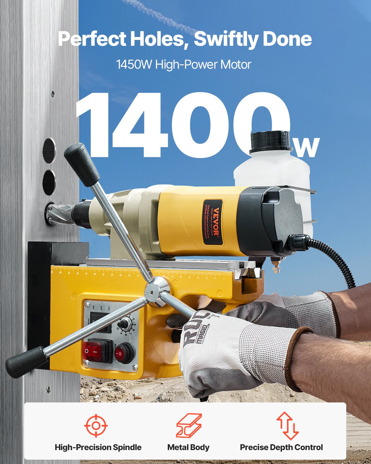 VEVOR Magnetic Drill, 1450W Motor 2 in Boring Diameter, 2878 lbf Electric Mag Drill Press, with 6 Coring Bits, Variable Speed, Drilling Machine for Metal Surface, Home Improvement Industry, Yellow - CLZJP6JT50MM91ULEV1 - view 3