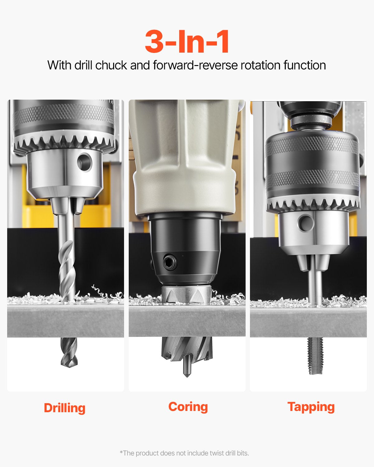 VEVOR Magnetic Drill, 1450W Motor 2 in Boring Diameter, 2878 lbf Electric Mag Drill Press, with 6 Coring Bits, Variable Speed, Drilling Machine for Metal Surface, Home Improvement Industry, Yellow - CLZJP6JT50MM91ULEV1 - view 4