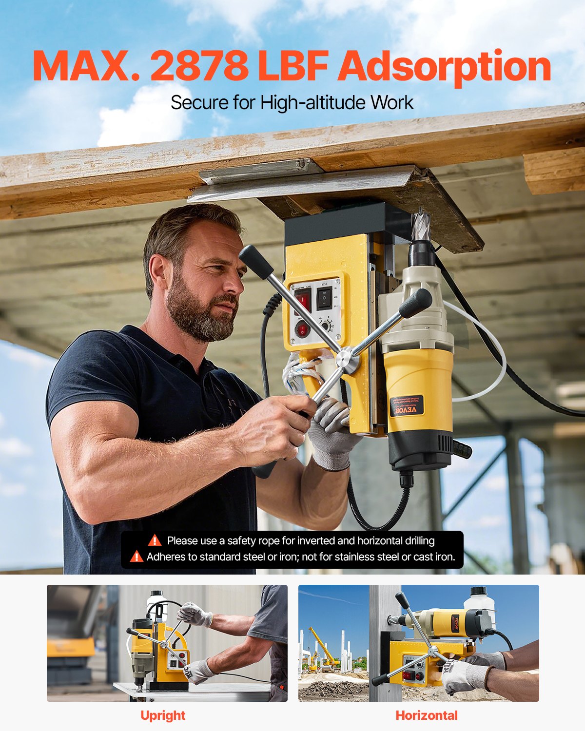 VEVOR Magnetic Drill, 1450W Motor 2 in Boring Diameter, 2878 lbf Electric Mag Drill Press, with 6 Coring Bits, Variable Speed, Drilling Machine for Metal Surface, Home Improvement Industry, Yellow - CLZJP6JT50MM91ULEV1 - view 7
