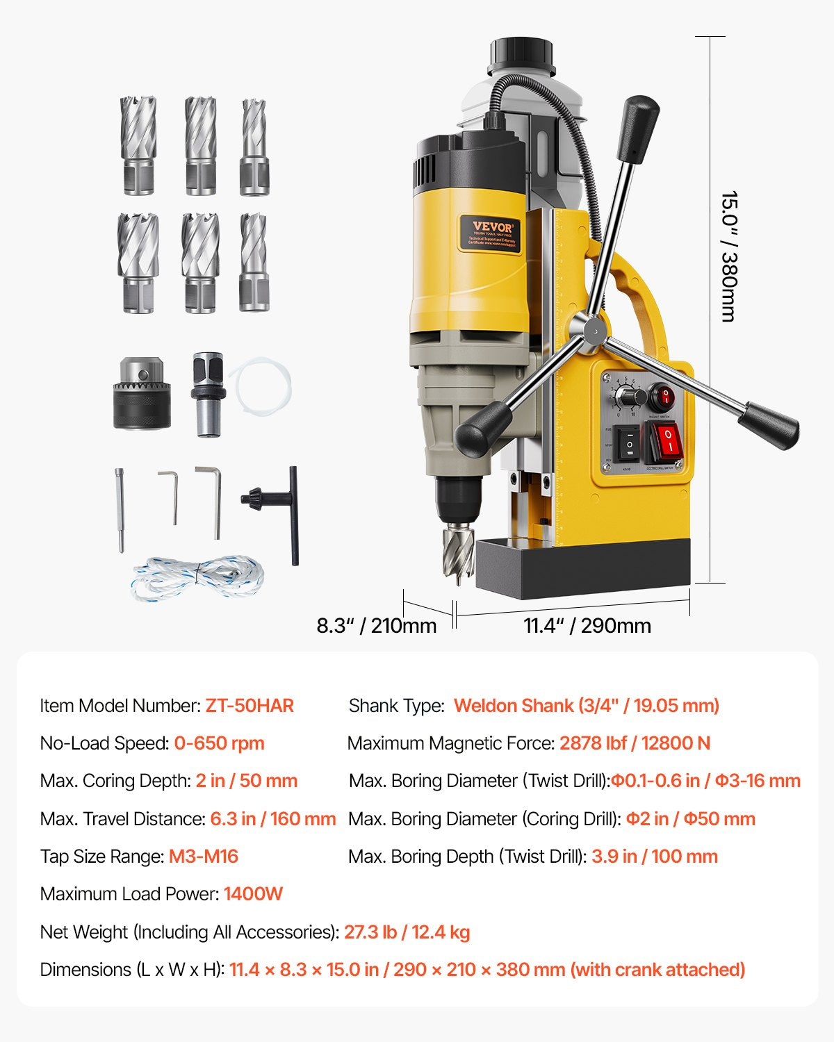 VEVOR Magnetic Drill, 1450W Motor 2 in Boring Diameter, 2878 lbf Electric Mag Drill Press, with 6 Coring Bits, Variable Speed, Drilling Machine for Metal Surface, Home Improvement Industry, Yellow - CLZJP6JT50MM91ULEV1 - view 8
