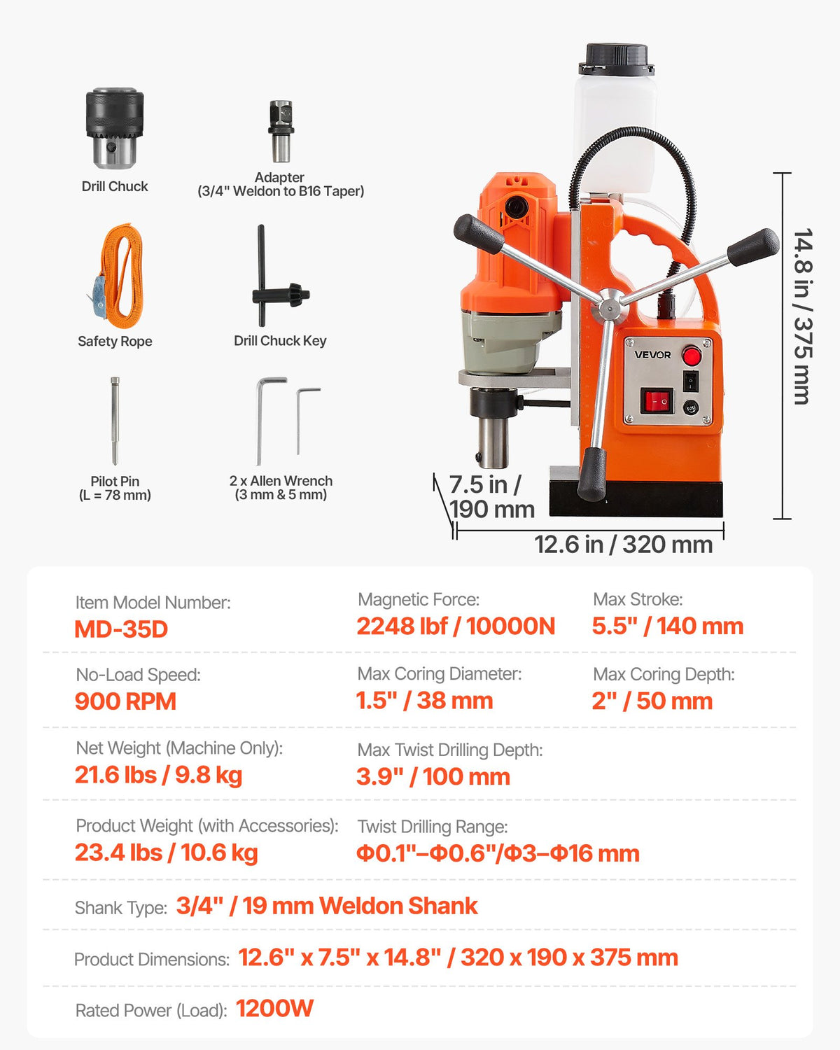 VEVOR Magnetic Drill Press, 1200 W, 1.5 in Boring Diameter, 2248 lbf Power Mag Drill Press, 900 RPM Speed, with Weldon Shank, Efficient Cooling, for Metal Surface, Industrial and Home Improvement - CLZJPCSDJ38MVZAUF001V1 - view 8