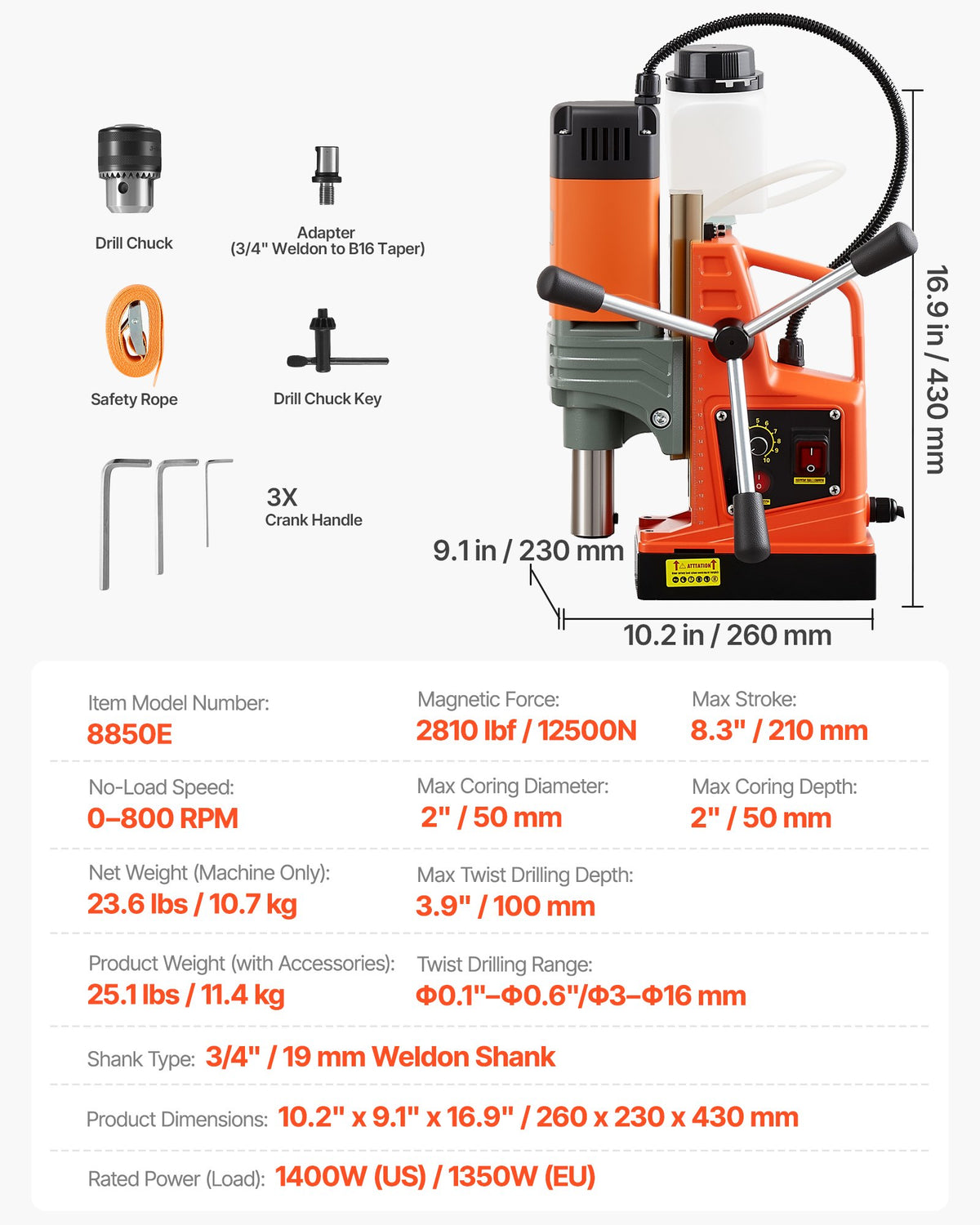 VEVOR Magnetic Drill Press, 1400 W, 2 in Boring Diameter, 2810 lbf Power Portable Mag Drill Press, 0–800 RPM Adjustable Speed, with Weldon Shank, for Metal Surface, Industrial and Home Improvement - CLZJPCSDJ50MZJK7N001V1 - view 8