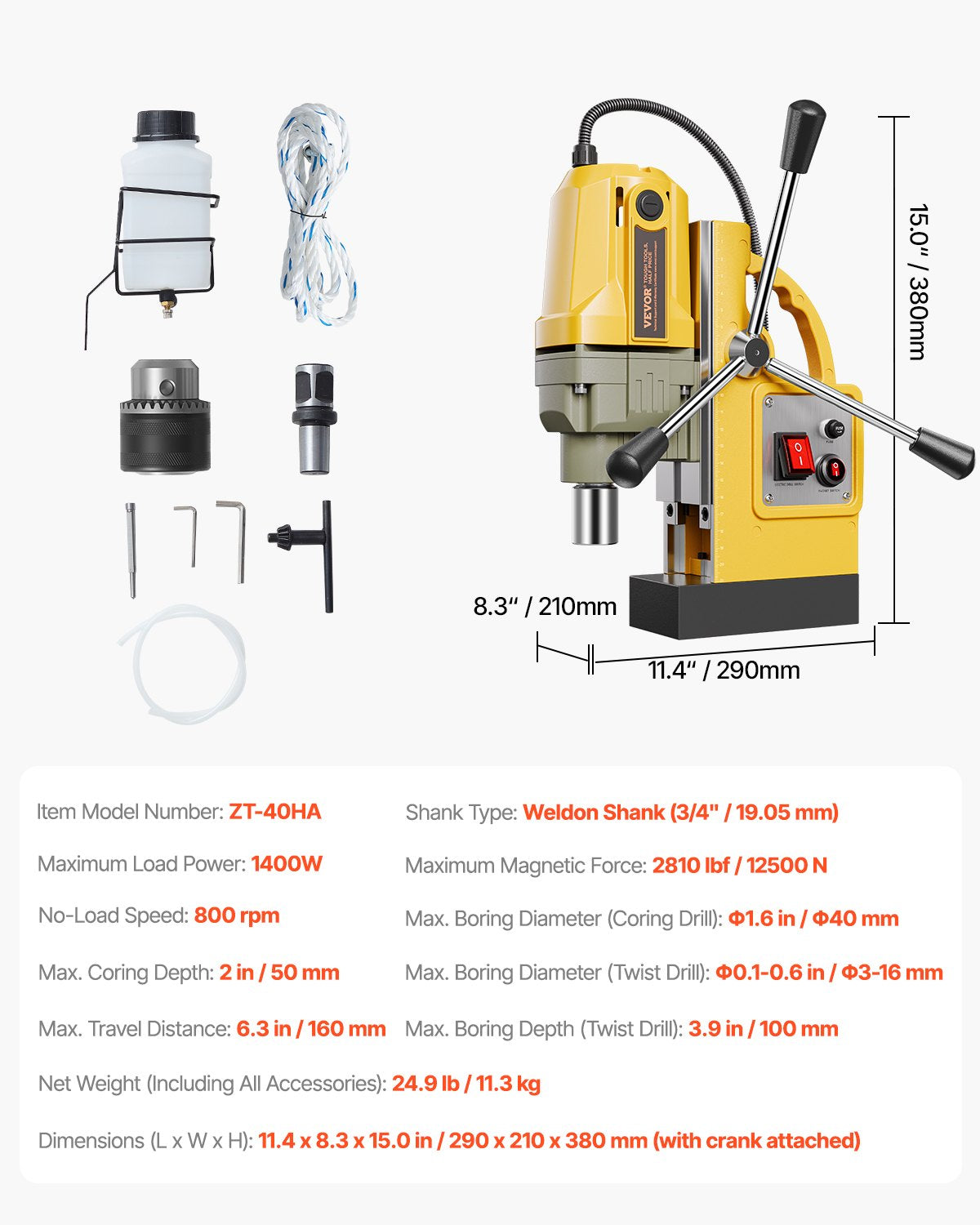 VEVOR Magnetic Drill, 1400W Motor 1.6 in Boring Diameter, 2810 lbf Portable Electric Mag Drill Press, 800 RPM No-Load Speed, Drilling Machine for Metal Surface, Industrial and Home Improvement - CLZJPDJ40MMKUHBJ6V1 - view 8