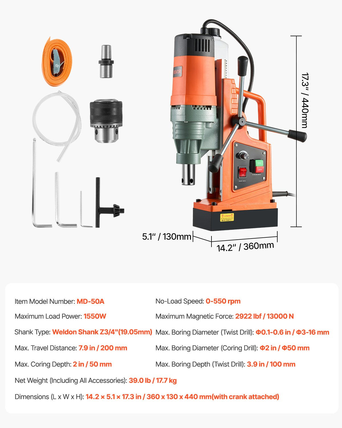 VEVOR Magnetic Drill, 1550W Motor 2 in Coring Diameter, 2922 lbf Magnetic Force, 0-550 RPM Variable Speed, Portable Electric Mag Drill Press Drilling Machine for Metal Surface, Home Improvement - CLZMHZKXZ50MOCXTG001V1 - view 8