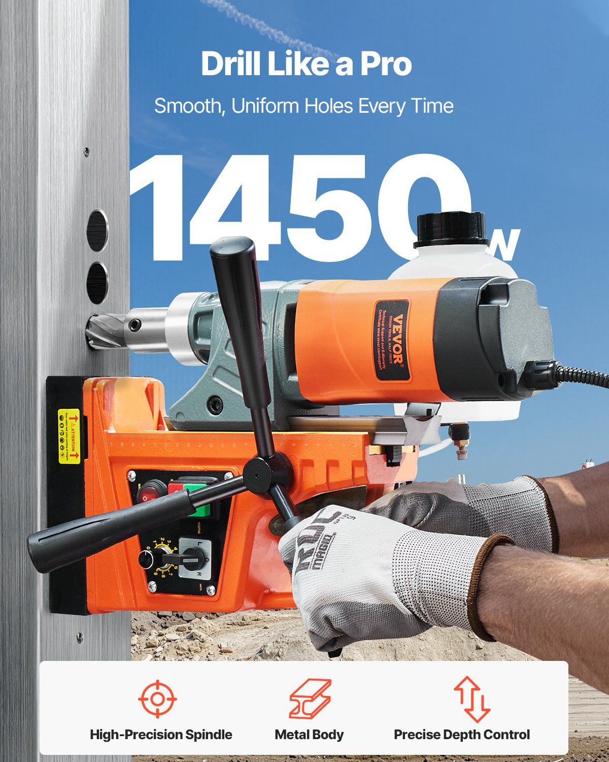 VEVOR Magnetic Drill, 1450W Motor 1.6 in Boring Diameter, 2810 lbf Portable Electric Mag Drill Press, with 2 Coring Bits, Variable Speed, Drilling Machine for Metal Surface, Home Improvement Industry - CLZTJ2J40MMMO8WSCV1 - view 3