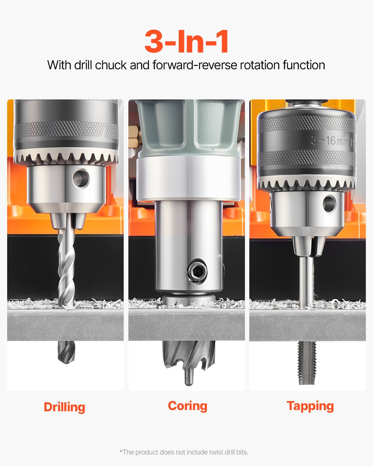 VEVOR Magnetic Drill, 1450W Motor 1.6 in Boring Diameter, 2810 lbf Portable Electric Mag Drill Press, with 2 Coring Bits, Variable Speed, Drilling Machine for Metal Surface, Home Improvement Industry - CLZTJ2J40MMMO8WSCV1 - view 4