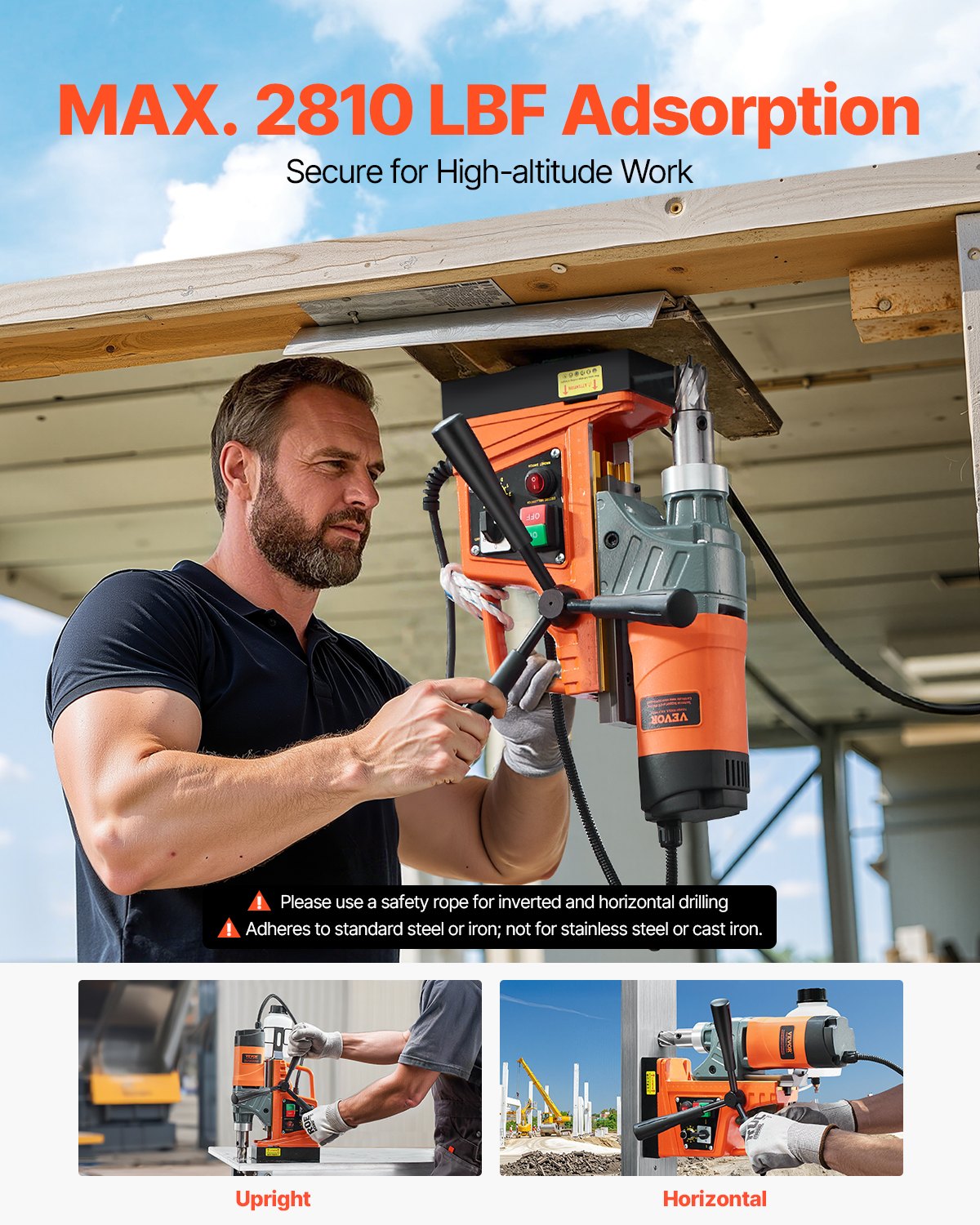 VEVOR Magnetic Drill, 1450W Motor 1.6 in Boring Diameter, 2810 lbf Portable Electric Mag Drill Press, with 2 Coring Bits, Variable Speed, Drilling Machine for Metal Surface, Home Improvement Industry - CLZTJ2J40MMMO8WSCV1 - view 6