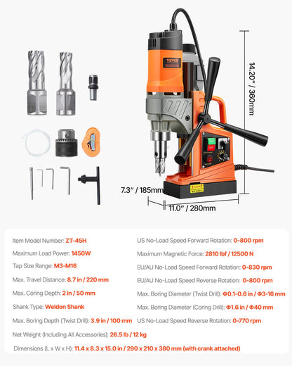 VEVOR Magnetic Drill, 1450W Motor 1.6 in Boring Diameter, 2810 lbf Portable Electric Mag Drill Press, with 2 Coring Bits, Variable Speed, Drilling Machine for Metal Surface, Home Improvement Industry - CLZTJ2J40MMMO8WSCV1 - view 8