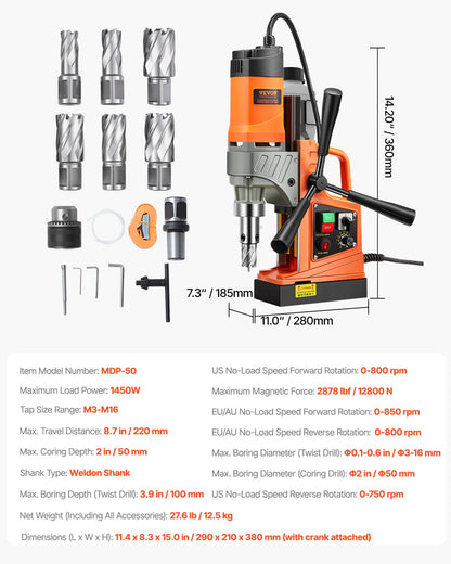 VEVOR Magnetic Drill, 1450W Motor 2 in Boring Diameter, 2878 lbf Portable Electric Mag Drill Press, with 6 Coring Bits, Variable Speed, Drilling Machine for Metal Surface, Home Improvement Industry - CLZTJ6JT50MMO3WWGV1 - view 8
