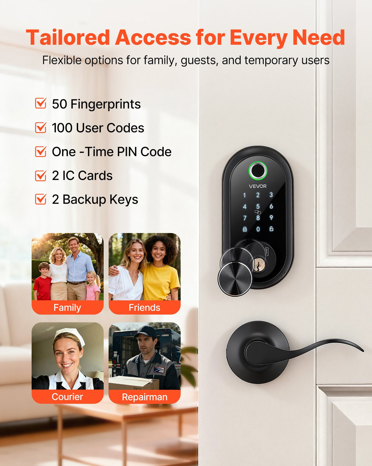 VEVOR Fingerprint Door Lock Set, Electronic Biometric Deadbolt Keyless Entry Door Lock with Handle, Touchscreen, Auto Locking, One-Time Code, Anti-Peeking Password, IC Cards, for Home, Matte Black - CMAJMBDLSBTZLSM84001V9 - view 3
