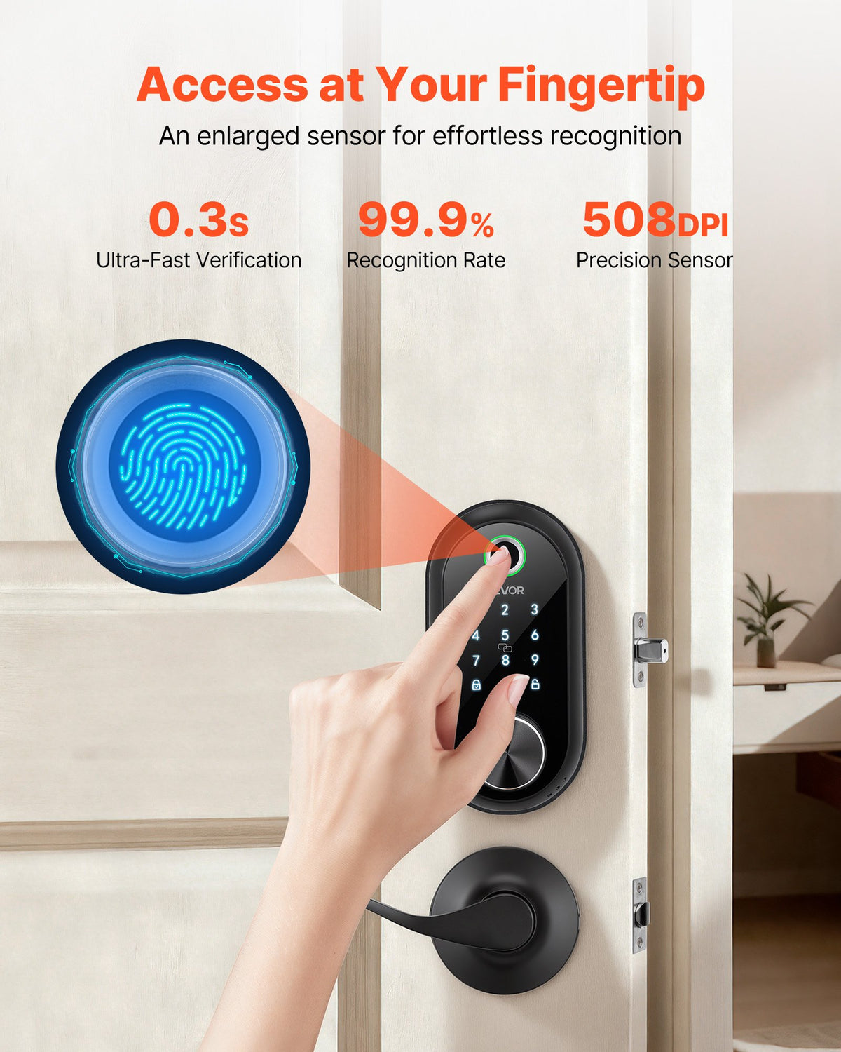 VEVOR Fingerprint Door Lock Set, Electronic Biometric Deadbolt Keyless Entry Door Lock with Handle, Touchscreen, Auto Locking, One-Time Code, Anti-Peeking Password, IC Cards, for Home, Matte Black - CMAJMBDLSBTZLSM84001V9 - view 4