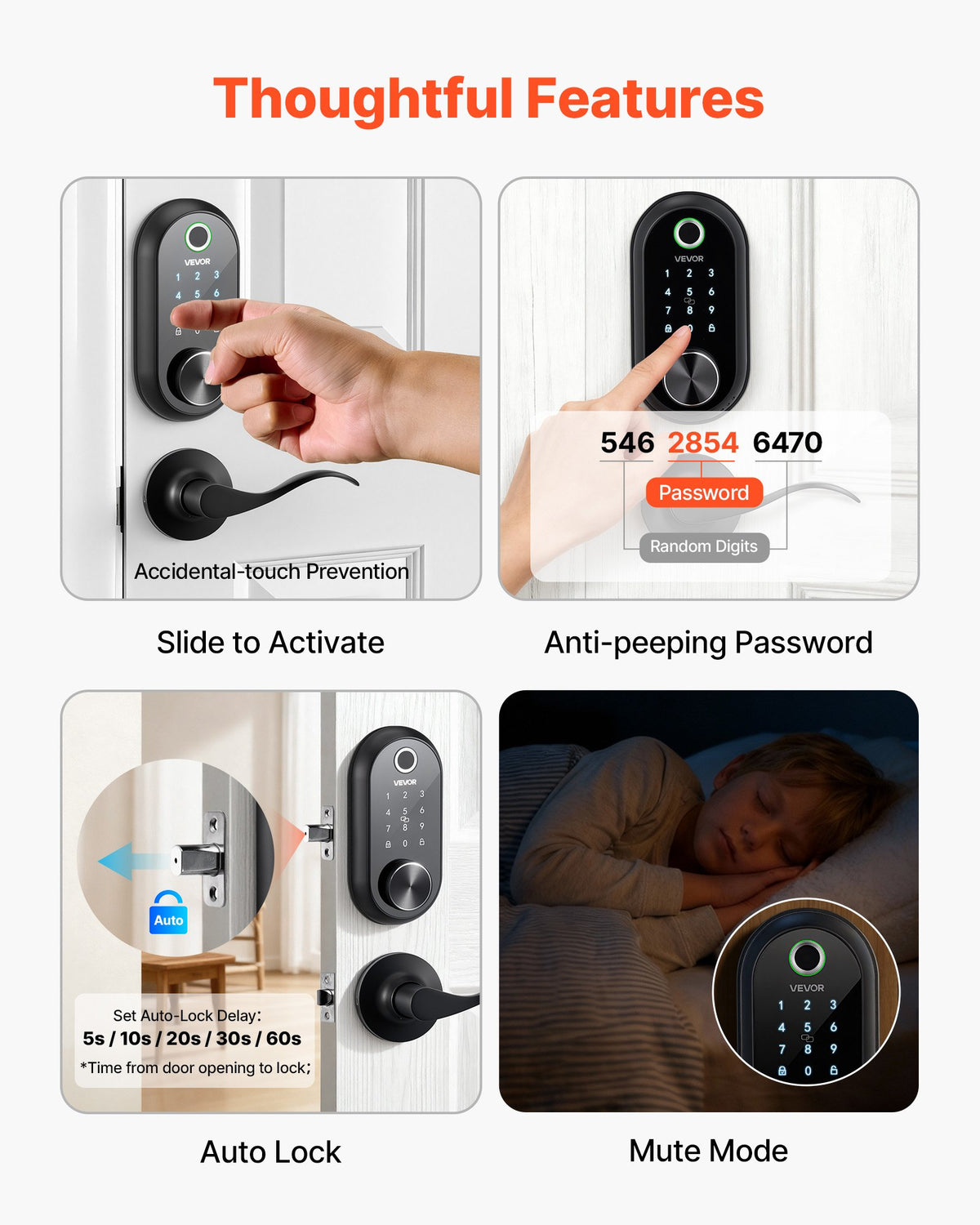 VEVOR Fingerprint Door Lock Set, Electronic Biometric Deadbolt Keyless Entry Door Lock with Handle, Touchscreen, Auto Locking, One-Time Code, Anti-Peeking Password, IC Cards, for Home, Matte Black - CMAJMBDLSBTZLSM84001V9 - view 6