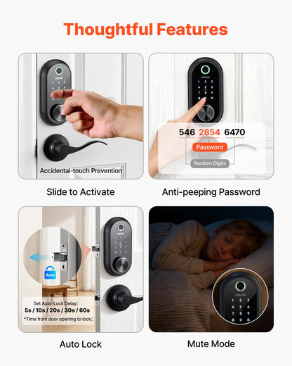 VEVOR Fingerprint Door Lock Set, Electronic Biometric Deadbolt Keyless Entry Door Lock with Handle, Touchscreen, Auto Locking, One-Time Code, Anti-Peeking Password, IC Cards, for Home, Matte Black - CMAJMBDLSBTZLSM84001V9 - view 6