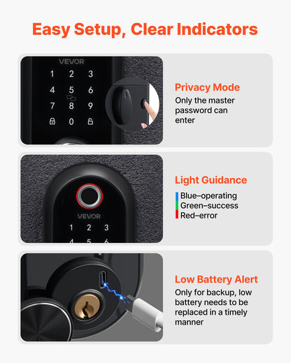 VEVOR Fingerprint Door Lock Set, Electronic Biometric Deadbolt Keyless Entry Door Lock with Handle, Touchscreen, Auto Locking, One-Time Code, Anti-Peeking Password, IC Cards, for Home, Matte Black - CMAJMBDLSBTZLSM84001V9 - view 8