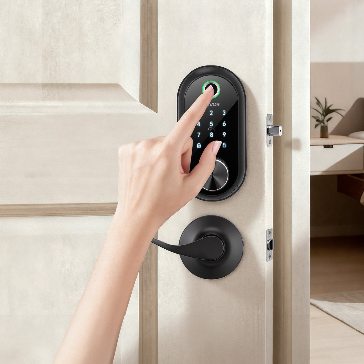 VEVOR Fingerprint Door Lock Set, Electronic Biometric Deadbolt Keyless Entry Door Lock with Handle, Touchscreen, Auto Locking, One-Time Code, Anti-Peeking Password, IC Cards, for Home, Matte Black - CMAJMBDLSBTZLSM84001V9 - view 9