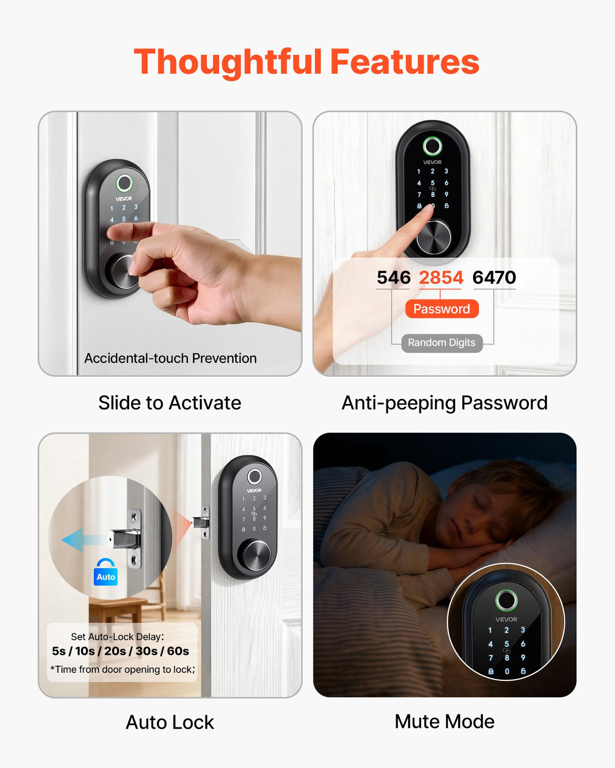VEVOR Fingerprint Door Lock, Electronic Biometric Deadbolt with Touchscreen, Auto Locking, One-Time Code, Anti-Peeking Password, Keyless Entry Door Lock with IC Cards, for Home, Apartment, Matte Black - CMAJMBSDZWYG4NARN001V9 - view 6