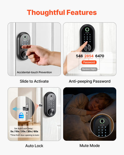 VEVOR Fingerprint Door Lock, Electronic Biometric Deadbolt with Touchscreen, Auto Locking, One-Time Code, Anti-Peeking Password, Keyless Entry Door Lock with IC Cards, for Home, Apartment, Matte Black - CMAJMBSDZWYG4NARN001V9 - view 6