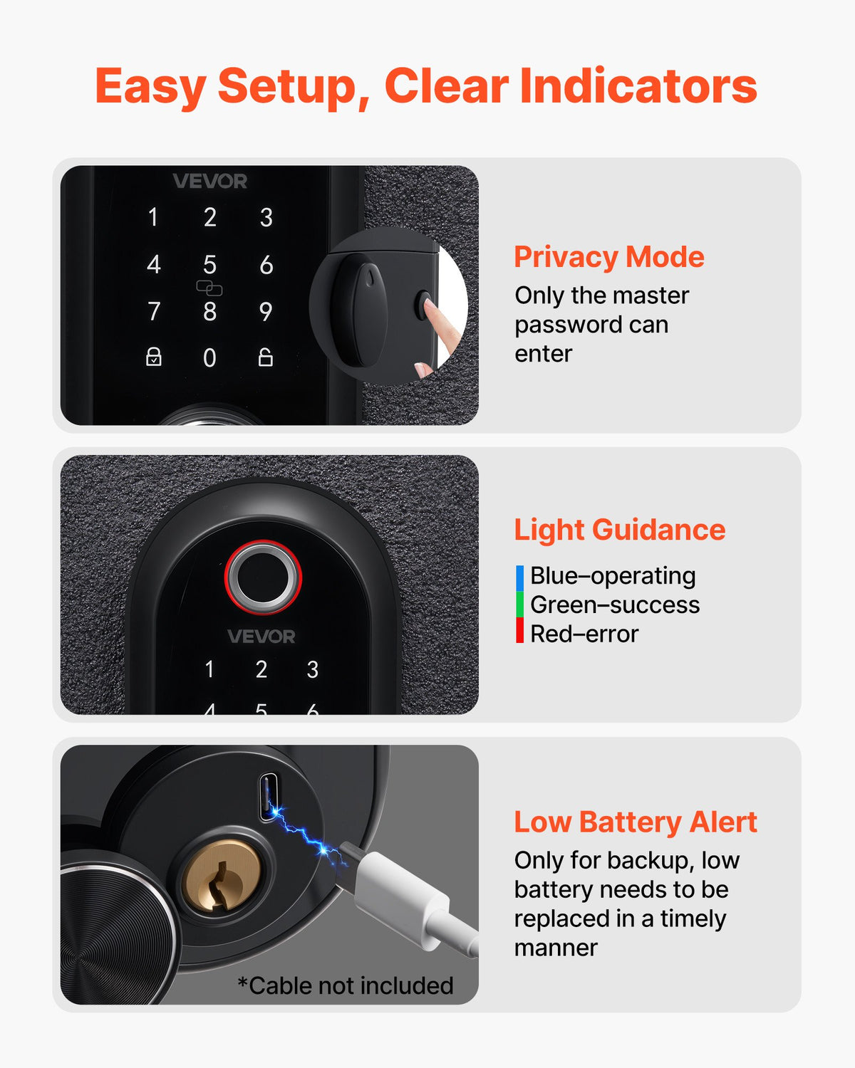 VEVOR Fingerprint Door Lock, Electronic Biometric Deadbolt with Touchscreen, Auto Locking, One-Time Code, Anti-Peeking Password, Keyless Entry Door Lock with IC Cards, for Home, Apartment, Matte Black - CMAJMBSDZWYG4NARN001V9 - view 8