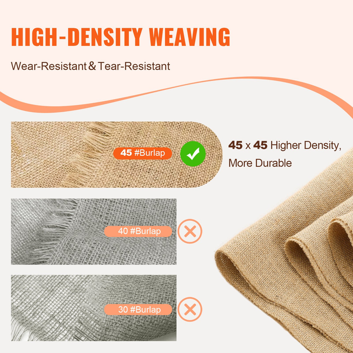 VEVOR Burlap Fabric Roll, 14” x 150 ft & 50 x 50 High Density Wide Natural Burlap Fabric Rolls, Jute Fabric Burlap Tree Wrap Roll, for Decor, Crafts, Wedding, Gardening, Plant & Tree Winter Covering - CMBJ14INCHES3MBHIV0 - view 4
