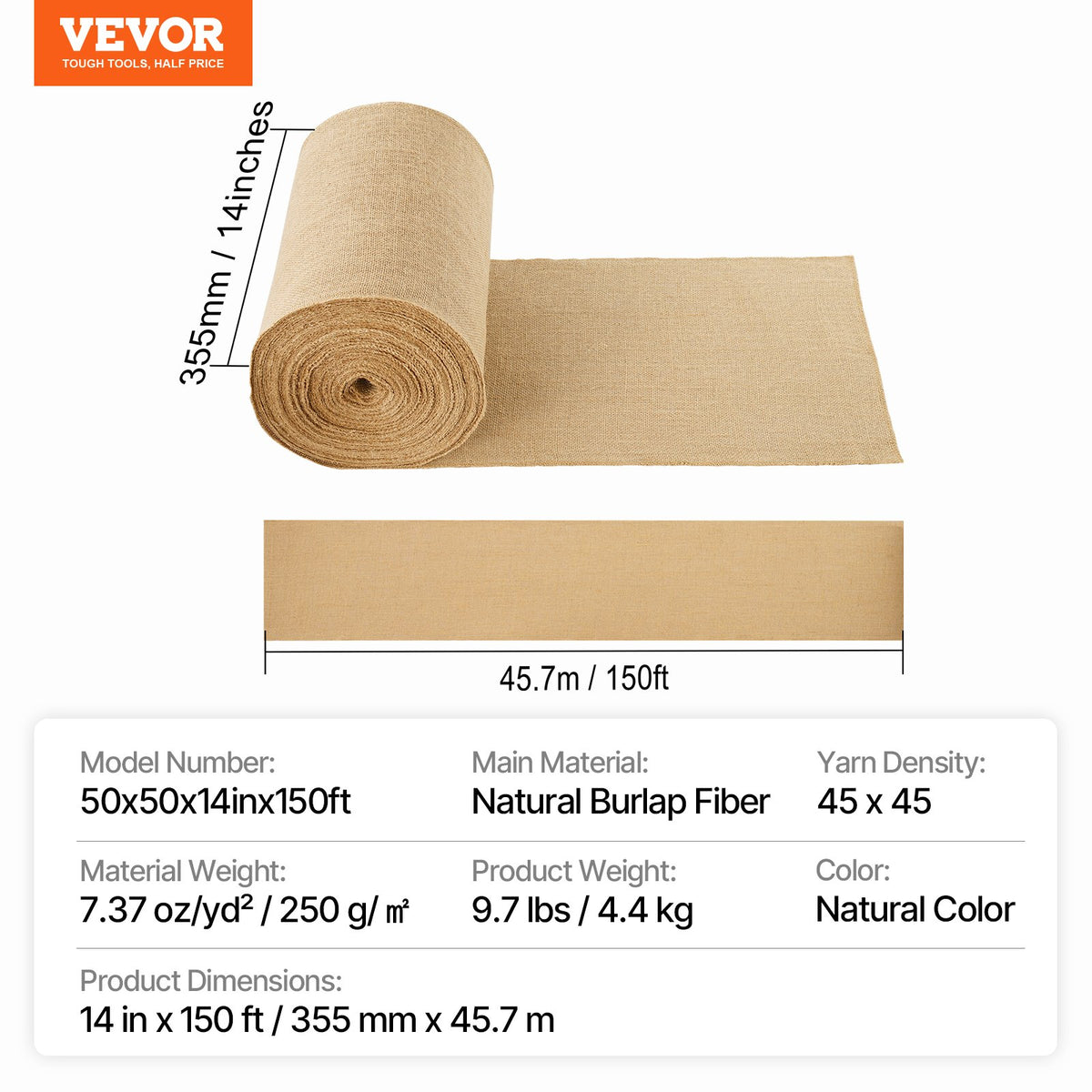 VEVOR Burlap Fabric Roll, 14” x 150 ft & 50 x 50 High Density Wide Natural Burlap Fabric Rolls, Jute Fabric Burlap Tree Wrap Roll, for Decor, Crafts, Wedding, Gardening, Plant & Tree Winter Covering - CMBJ14INCHES3MBHIV0 - view 8