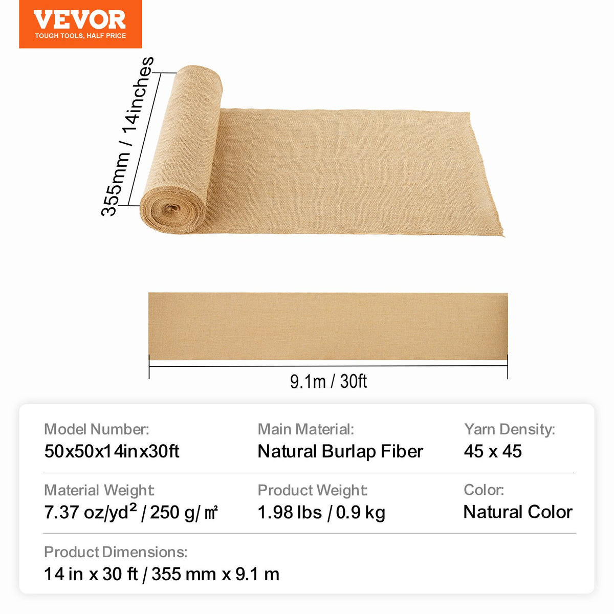 VEVOR Burlap Fabric Roll, 14 in x 30 ft & 50 x 50 High Density Wide Natural Burlap Fabric Rolls, Jute Fabric Burlap Tree Wrap Roll, for Decor, Crafts, Wedding, Gardening, Plant & Tree Winter Covering - CMBJ14INCHESAMK81V0 - view 8