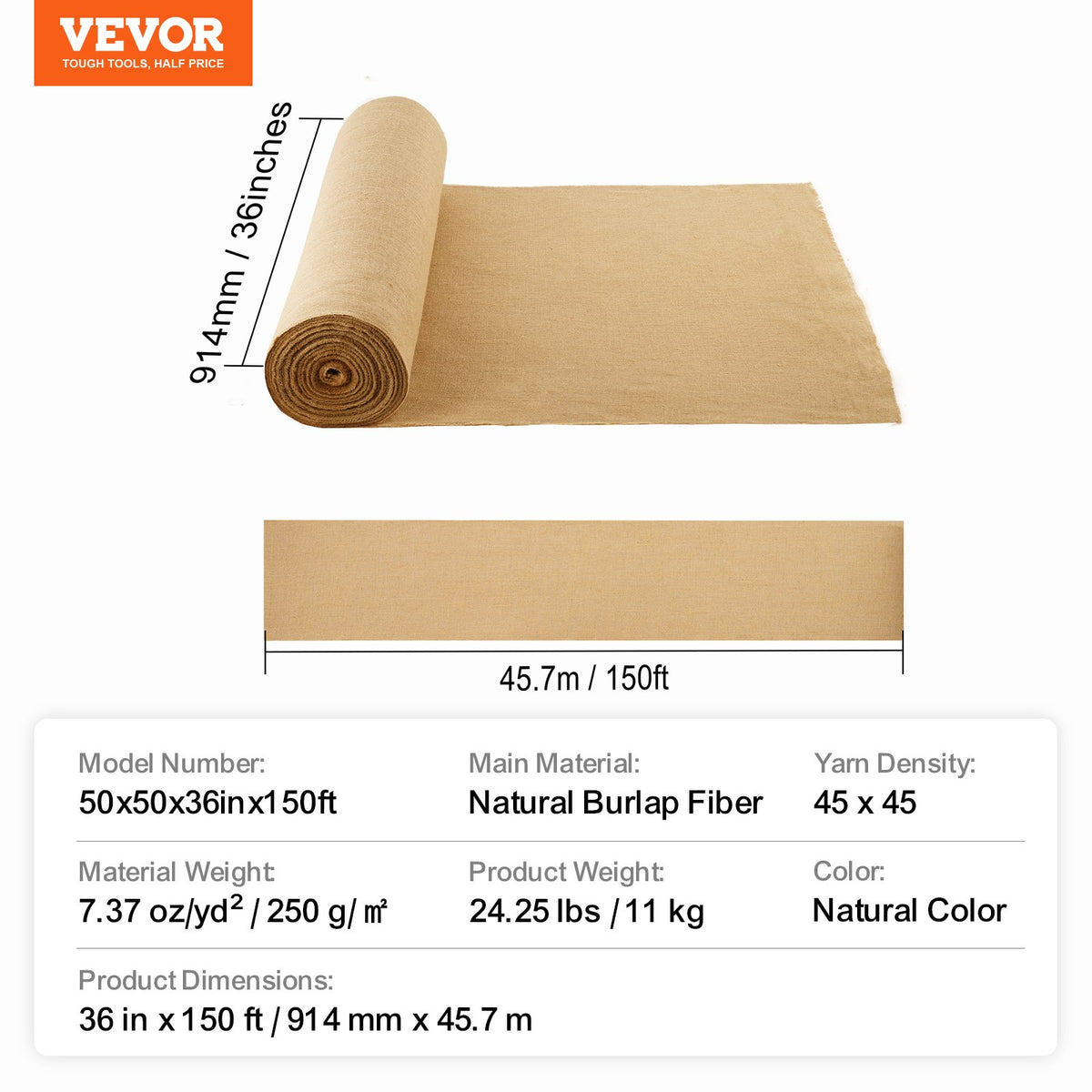 VEVOR Burlap Fabric Roll, 36” x 150 ft & 50 x 50 High Density Wide Natural Burlap Fabric Rolls, Jute Fabric Burlap Tree Wrap Roll, for Decor, Crafts, Wedding, Gardening, Plant & Tree Winter Covering - CMBJ36INCHES3TQMTV0 - view 8