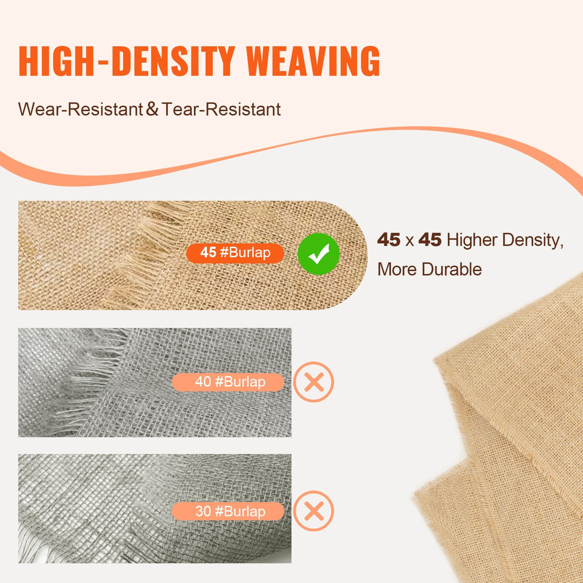VEVOR Burlap Fabric Roll, 40” x 300 ft & 45 x 45 High Density Wide Natural Burlap Fabric Rolls, Jute Fabric Burlap Tree Wrap Roll, for Decor, Crafts, Wedding, Gardening, Plant & Tree Winter Covering - CMBJ40INCHESD5SV8V0 - view 4