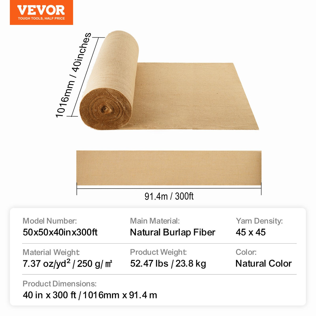 VEVOR Burlap Fabric Roll, 40” x 300 ft & 45 x 45 High Density Wide Natural Burlap Fabric Rolls, Jute Fabric Burlap Tree Wrap Roll, for Decor, Crafts, Wedding, Gardening, Plant & Tree Winter Covering - CMBJ40INCHESD5SV8V0 - view 8